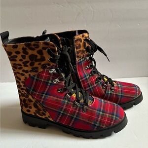 Leopard and Plaid Lace-Up Boots